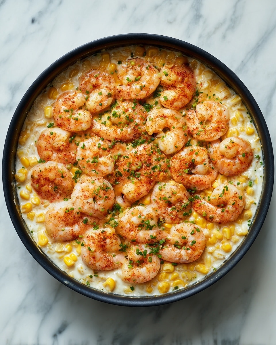 A close-up view of a black skillet filled with a creamy corn and shrimp dish, showing one layer of bright yellow corn kernels soaked in a rich, white creamy sauce that fills the bottom half of the skillet. On top of the corn layer, there is a second layer of plump, pink shrimp, each sprinkled with a reddish seasoning and small bits of green parsley scattered evenly across the surface. The shrimp have a slightly shiny texture, suggesting they are cooked, and the creamy sauce peeks through some spaces between the shrimp and corn. The skillet sits on a white marbled surface, and the overall image has a sharp, bright focus that highlights the vibrant colors and textures of the food. photo taken with an iphone --ar 4:5 --v 7