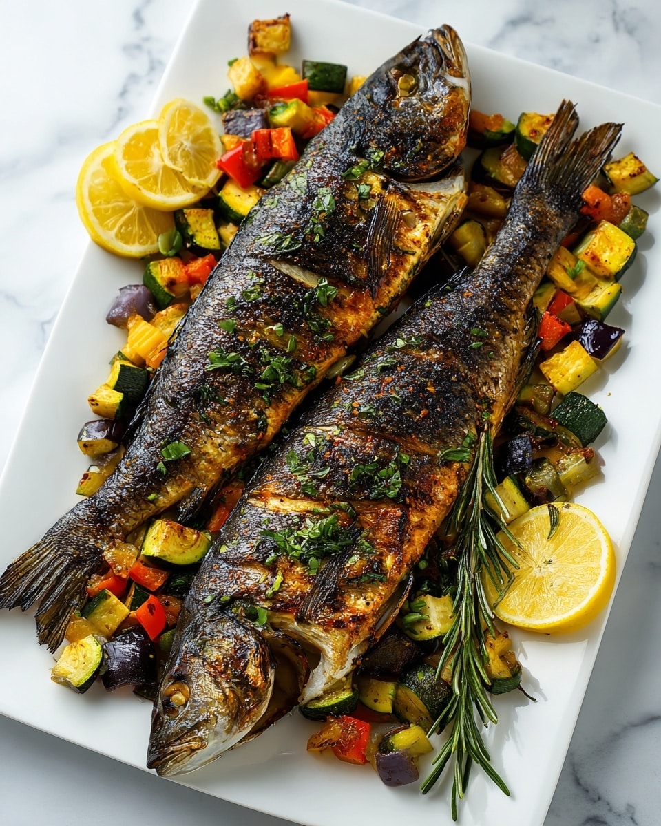 The image shows two whole grilled fish with crispy, dark brown skin placed side by side on a white square plate. The fish rest on a bed of roasted mixed vegetables, including green zucchini, red bell peppers, yellow squash, and purple eggplant, all cut into small chunks and roasted to a golden-brown color. There are fresh green herb sprinkles on top of the fish for garnish, and lemon halves sit on one side of the plate. A sprig of rosemary lies next to the fish on the plate. The plate is set on a white marbled surface. photo taken with an iphone --ar 4:5 --v 7