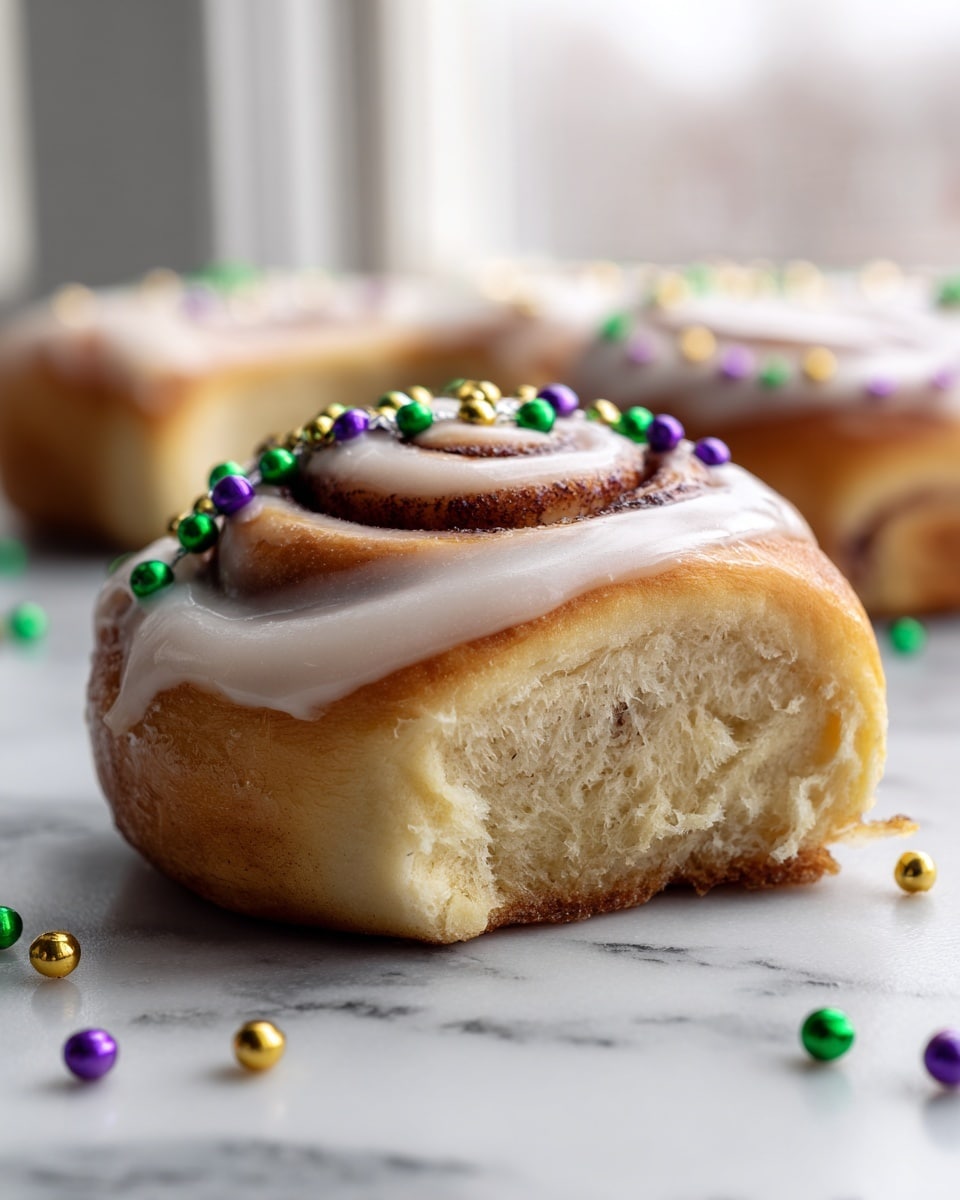 A sliced cinnamon roll bread sits on a white marbled surface, showing its soft, light golden interior with a dark brown cinnamon swirl running through the middle. The top is covered with thick white icing, which drips slightly down the sides, and is decorated with small shiny round beads in green, purple, and gold arranged in diagonal lines. Some of the beads are scattered on the surface in front of the bread. The background shows a blurred window with soft natural light shining through. photo taken with an iphone --ar 4:5 --v 7
