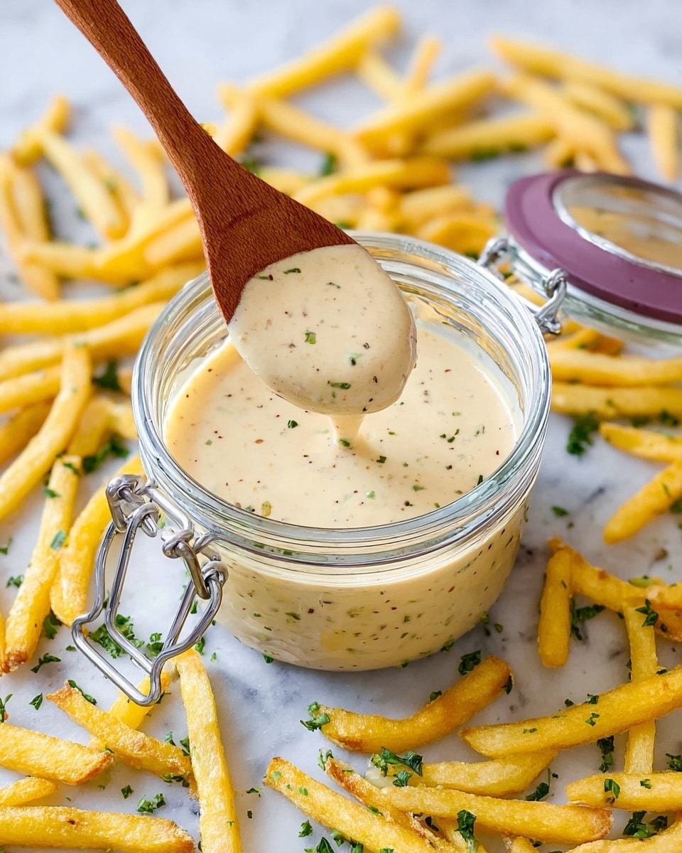 A small clear glass jar filled with creamy, pale yellow sauce with black specks and small green herb bits, lightly textured and thick, sitting open on a white marbled surface. A wooden spoon is dipped into the sauce, showing its smooth and rich consistency. Surrounding the jar are many golden-yellow French fries with some light crisp edges and sprinkled with bits of green herbs. The jar has a metal clasp and a lid with a purple rim placed nearby. photo taken with an iphone --ar 4:5 --v 7