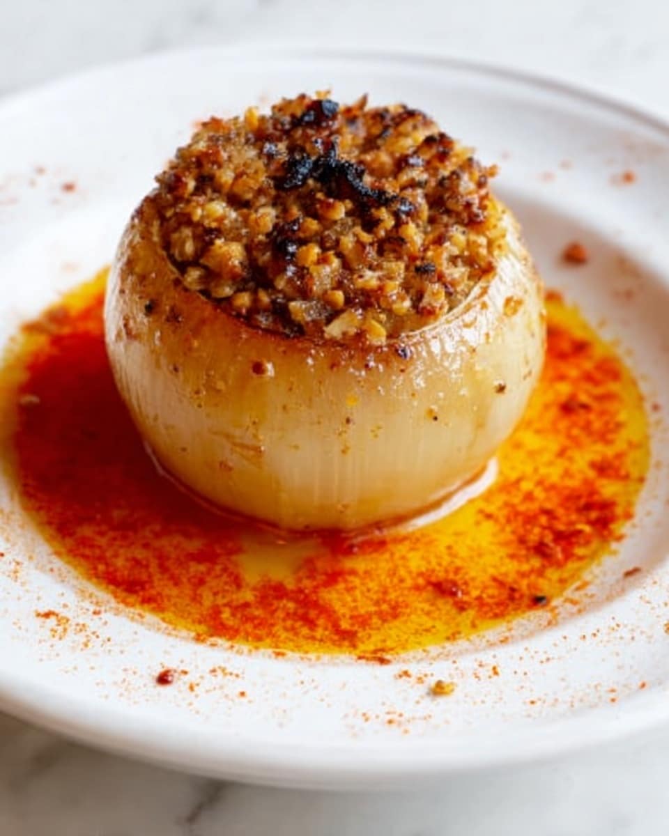 A single large cooked onion sits in the middle of a white plate, with a glossy, slightly browned surface. The onion is stuffed with a finely chopped mixture that looks like nuts or spices, giving a rough texture on top. Around the base of the onion is a pool of bright red-orange oil or sauce that spreads out on the plate, with a few small flecks of seasoning scattered around. The white plate rests on a white marbled surface. photo taken with an iphone --ar 4:5 --v 7