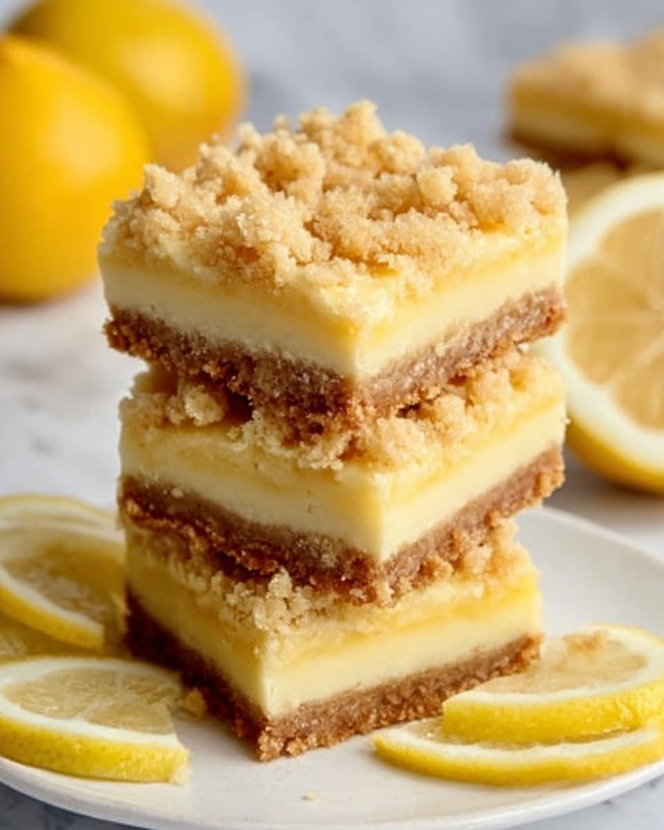 The image shows a stack of three lemon crumb bars on a white surface with white marbled texture. Each bar has three visible layers: the bottom layer is a golden-brown crumbly crust, the middle layer is a smooth pale yellow lemon filling, and the top layer is a light brown crumb topping with a rough texture. The bars are cut into squares, with some crumbs scattered around, and there are sliced lemon wedges placed nearby. The lighting highlights the texture and layers clearly. Photo taken with an iphone --ar 4:5 --v 7