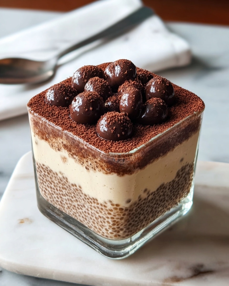 A clear square glass container holds a layered dessert placed on a white marbled surface. The bottom layer is a light brown pudding with a smooth, slightly porous texture. Above it, there is a thinner creamy white layer with tiny dark specks, giving a soft and smooth appearance. The top layer repeats the light brown pudding with the same texture as the bottom layer, topped with round chocolate balls clustered in the center, dusted lightly with cocoa powder, adding a rich, powdery texture. The background is softly blurred, showing a folded napkin with silverware. Photo taken with an iphone --ar 4:5 --v 7