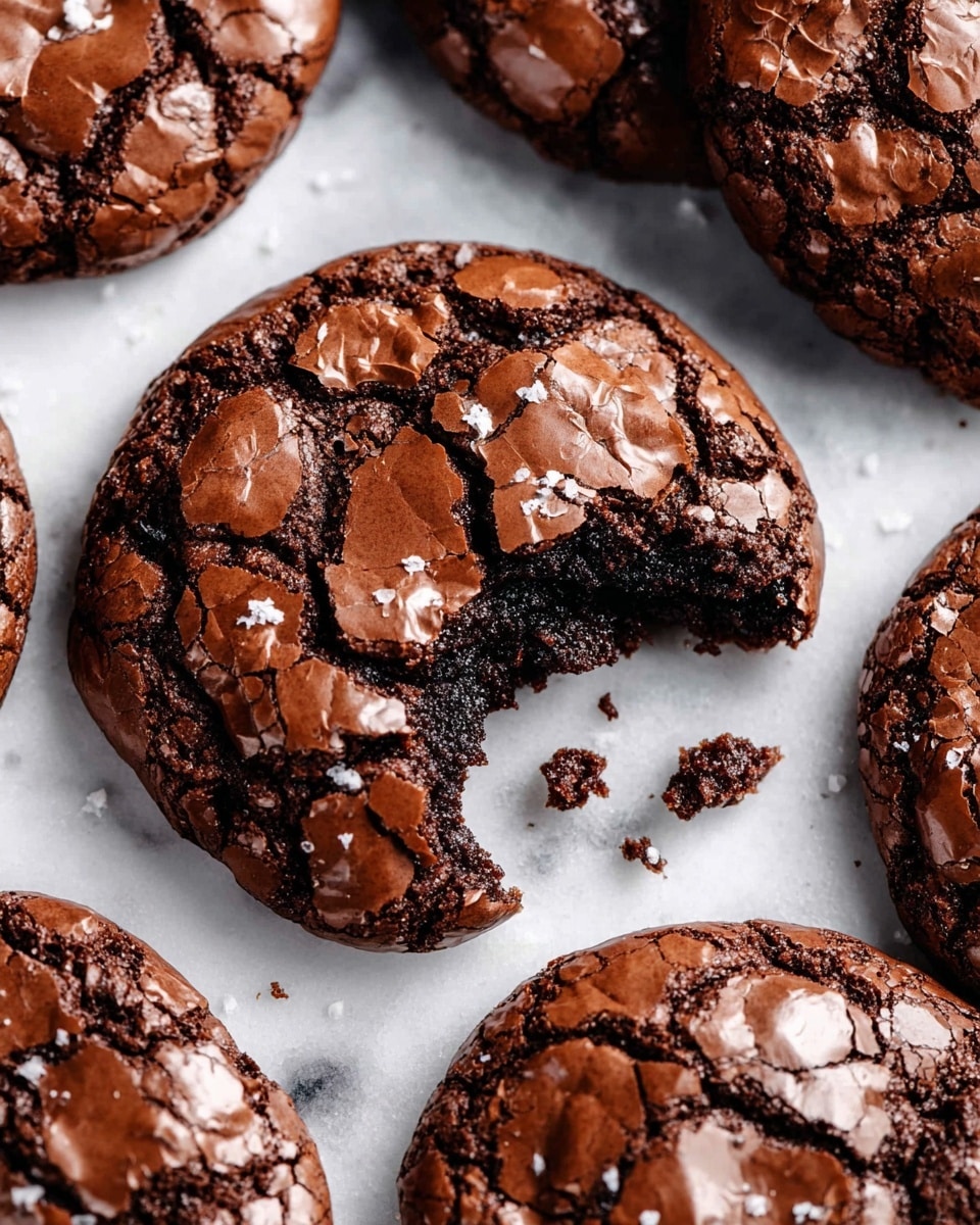 The image shows a close-up of several rich chocolate cookies on a white marbled surface. Each cookie has one main layer with a cracked, shiny brown crust on top, revealing a soft, deeply dark brown, almost black, fudgy interior underneath. The cracked tops have light reflections and irregular shapes, and one cookie at the center has a bite taken out, with small crumbs scattered around it. Photo taken with an iphone --ar 4:5 --v 7