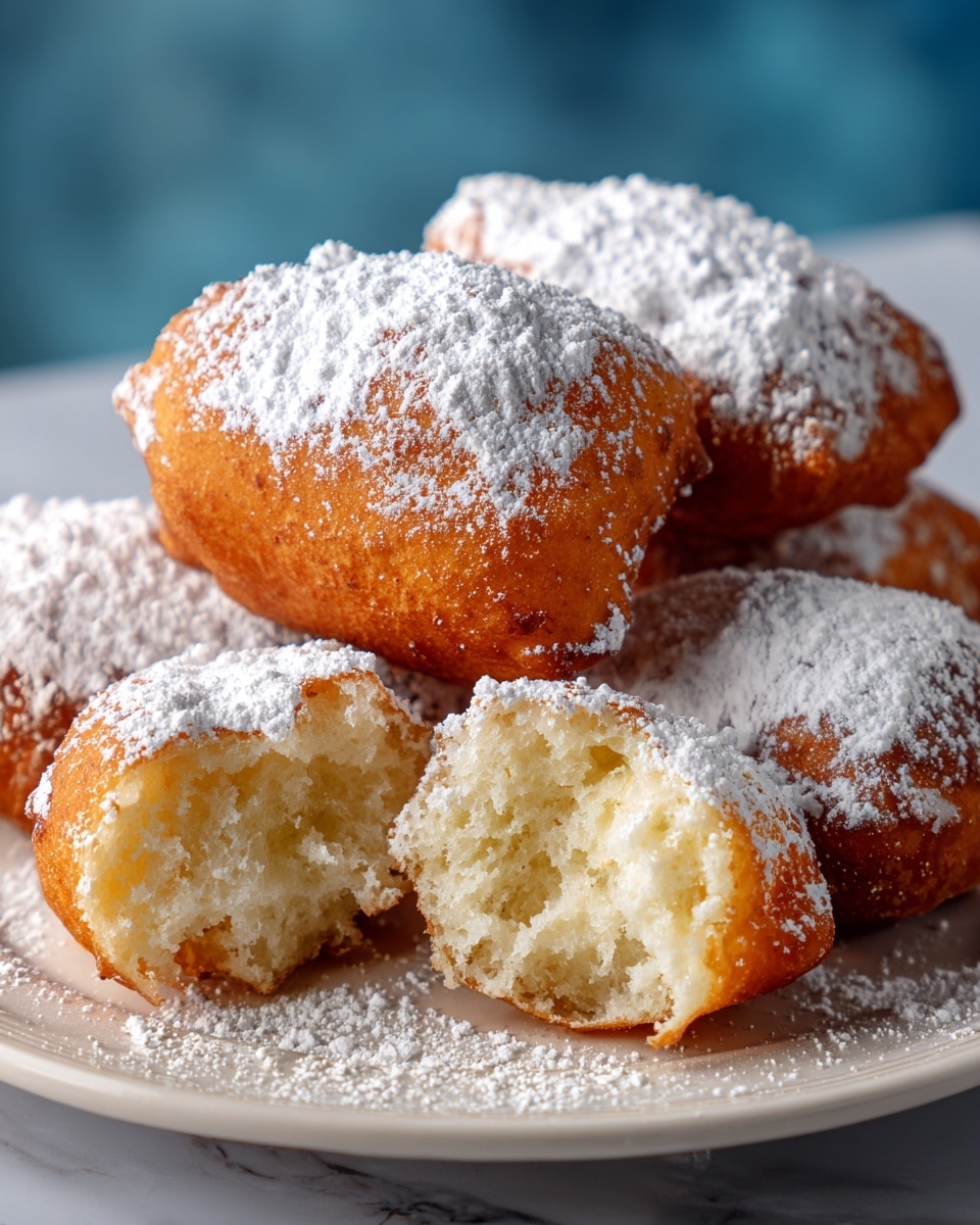 A white plate holds five golden-brown beignets dusted heavily with white powdered sugar. The beignets have a rough, irregular square shape with a slightly crispy texture on the outside. One beignet is broken in half and placed on top, revealing a soft, fluffy, and light beige interior. The white powdered sugar contrasts sharply with the warm golden color of the fried dough, while some sugar also rests scattered around the plate on a white marbled surface. The image is close-up, focusing on the texture and details of the beignets. photo taken with an iphone --ar 4:5 --v 7
