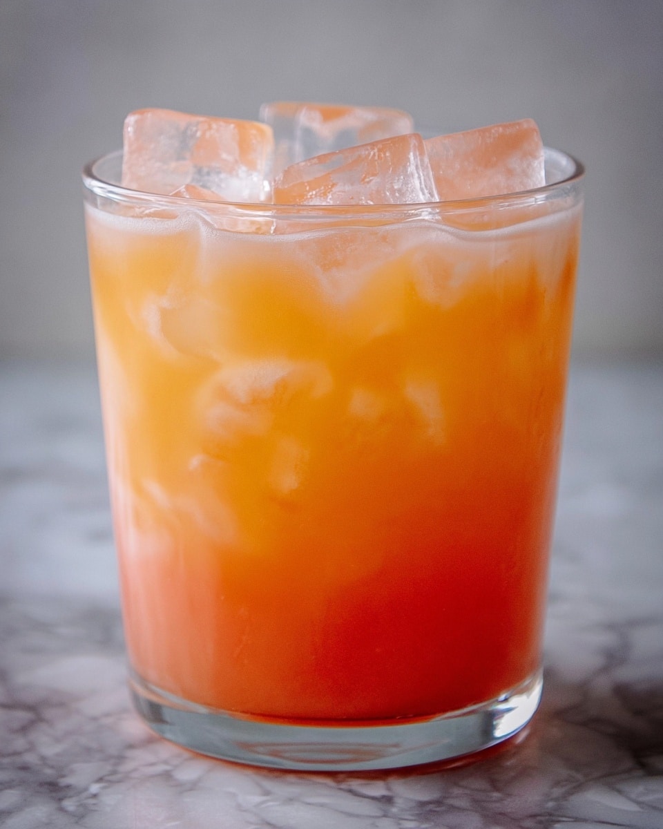 A clear short glass filled with a light pink-orange drink that has tiny bubbles and a smooth, slightly cloudy texture. The drink fills about four layers inside the glass, with a gradient going from a more intense pink-orange at the bottom to a lighter shade near the top. The top layer has large, clear ice cubes that create a contrast with the color of the drink. The glass is placed on a white marbled surface with a soft, neutral background. photo taken with an iphone --ar 4:5 --v 7