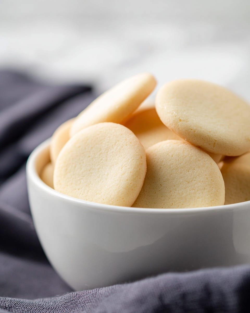 A close-up view of several round, pale beige cookies with a smooth, matte texture, stacked inside a white ceramic bowl with a subtle vertical ribbed pattern. The cookies have a uniform color with light golden edges, showing a soft, slightly crumbly surface. The bowl sits on a white marbled surface with a dark blue cloth partially visible behind it, creating a simple and clean presentation. Photo taken with an iphone --ar 4:5 --v 7