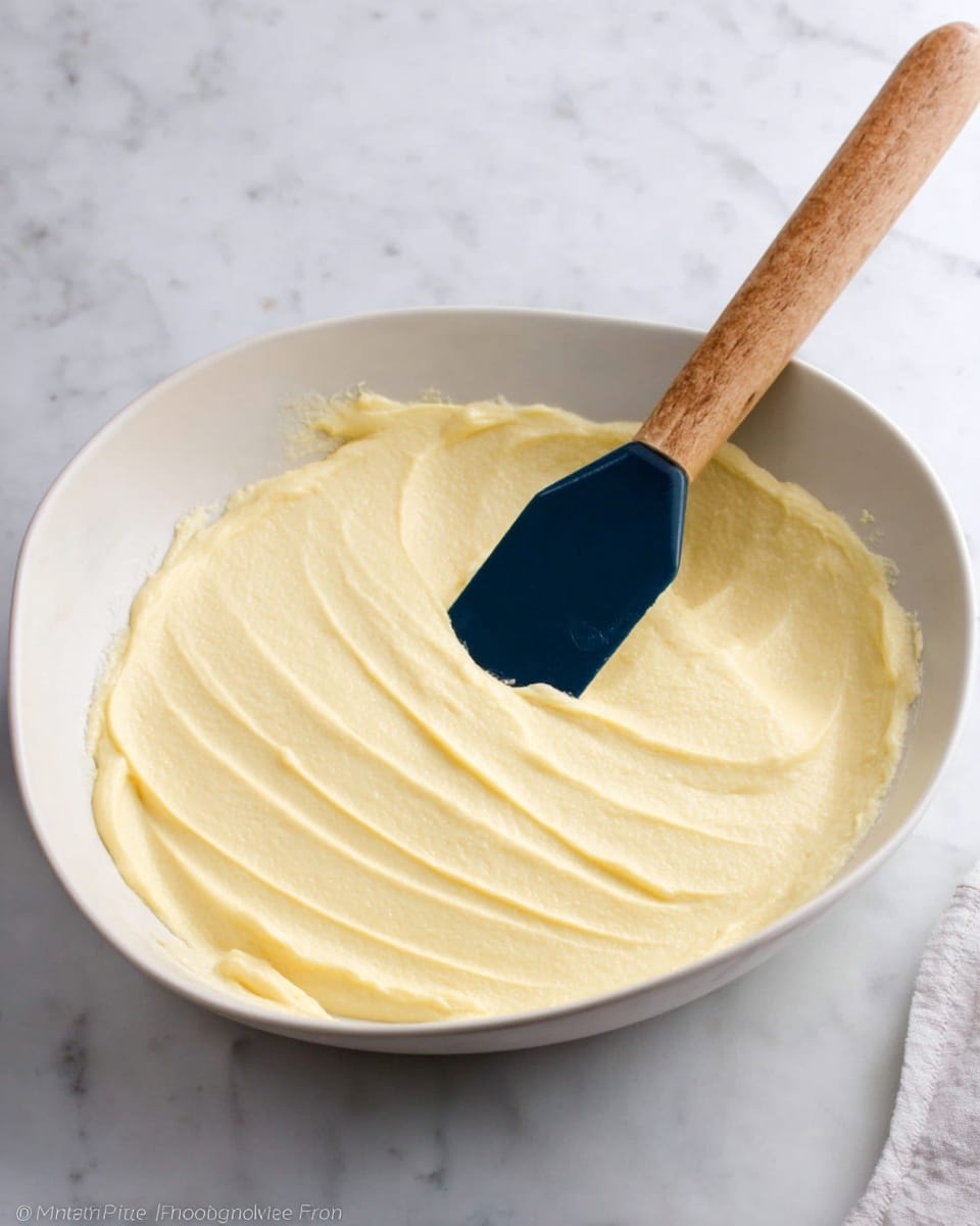 A smooth, creamy mixture fills a shallow white bowl, its pale yellow color even and soft with subtle wave-like textures on the surface. A wooden spatula with a dark blue silicone head rests in the bowl at an angle, partially submerged in the creamy layer. The bowl sits on a white marbled surface, with a hint of a soft white cloth in the lower right corner, adding a gentle touch to the simple composition. photo taken with an iphone --ar 4:5 --v 7