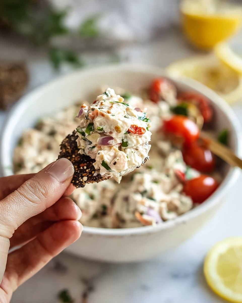 A close-up of a white bowl filled with a creamy salad that has visible chunks of red cherry tomatoes, green celery, and purple onion mixed in, resting on a white marbled surface. In the foreground, a woman's hand is holding a textured, dark multigrain cracker topped with a scoop of the salad mix, showing the creamy texture with small pieces of vegetables clearly visible. The image is brightly lit, focusing sharply on the cracker and salad with a blurred background emphasizing the bowl. Photo taken with an iphone --ar 4:5 --v 7