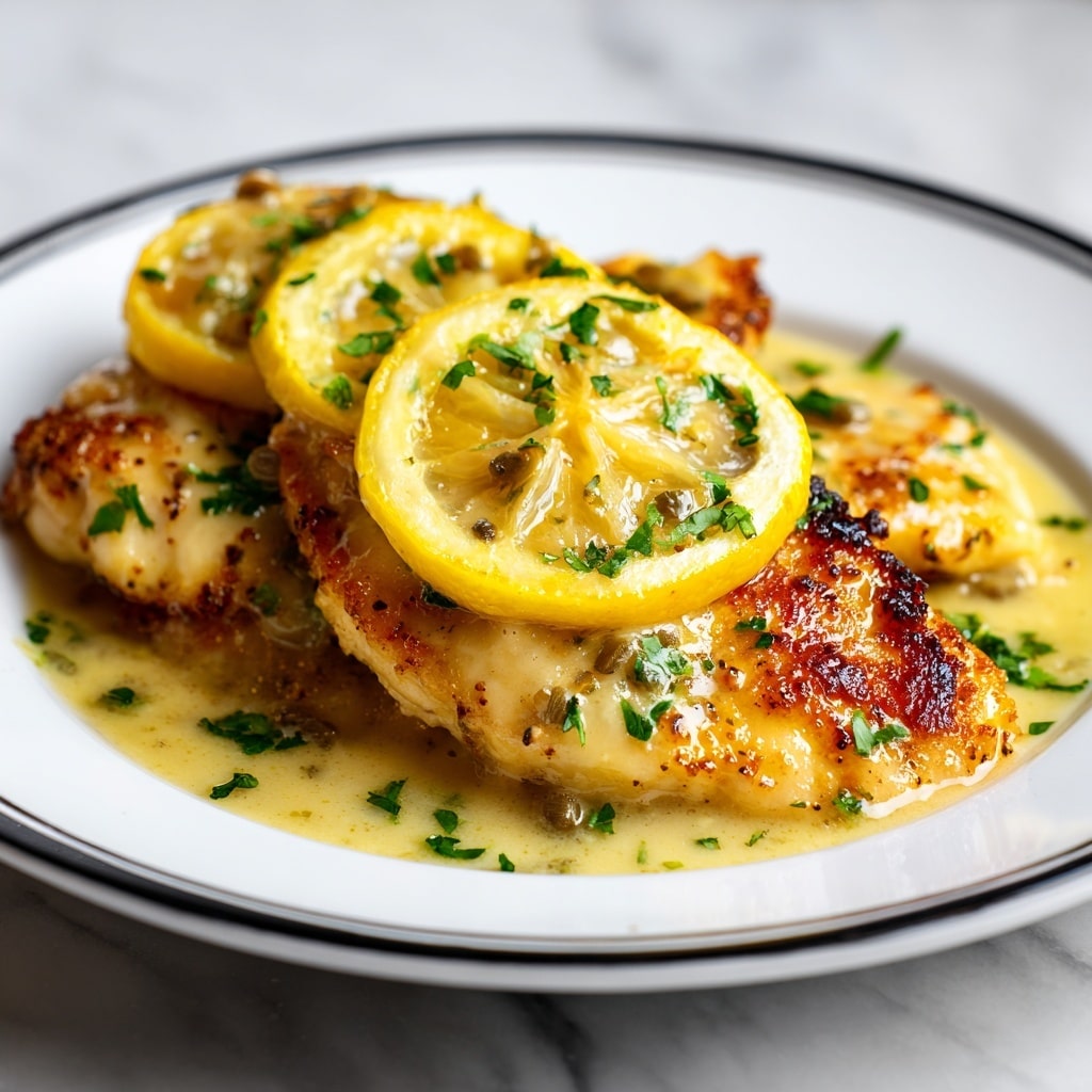 The image shows a close-up of a chicken piccata dish on a white plate with a black rim, set on a white marbled surface. The dish has one main layer of cooked chicken breast with a golden-brown, slightly crispy texture. On top of the chicken, there are thin slices of lemon with a bright yellow color and translucent appearance. The chicken is covered with a light sauce or melted cheese that looks creamy and smooth, scattered with small chopped green herbs that add a fresh contrast. The edges of the chicken have some darker charred spots that show it is well-cooked. photo taken with an iphone --ar 4:5 --v 7