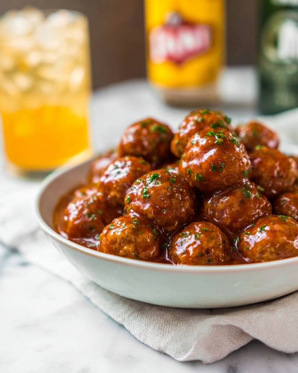 A bowl filled with many small, round meatballs covered in a shiny, sticky, orange-brown sauce with small green herb pieces sprinkled on top. The smooth, glossy meatballs are piled high in a white bowl. In the background, there is a blurry glass filled with brown soda and a bottle with a label reading A&W root beer. The setting has a white marbled texture surface and a white cloth beneath the bowl. photo taken with an iphone --ar 4:5 --v 7