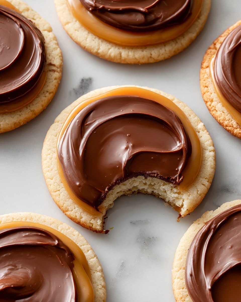 The image shows round cookies with three visible layers on a white marbled surface. The bottom layer is a pale, soft cookie base. The middle layer is a shiny, golden caramel spread, slightly uneven and glossy. The top layer is a smooth, rich milk chocolate round spread, swirled in the center, giving a creamy texture. One cookie in the center has a bite taken out of it, showing the soft texture of the cookie base inside. Photo taken with an iphone --ar 4:5 --v 7