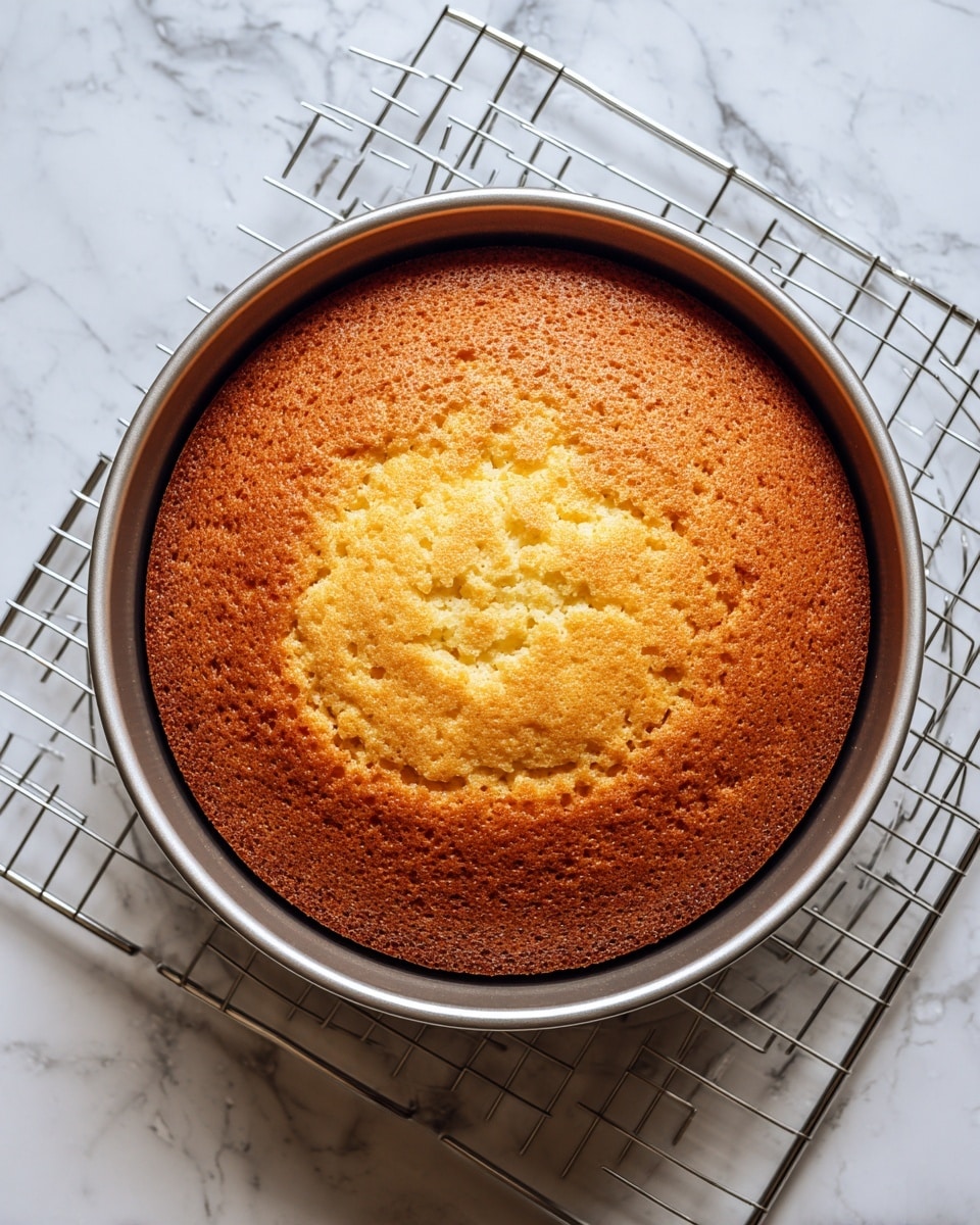 A single golden brown cake layer with a slightly cracked top sits inside a round silver cake pan on a cooling rack. The cake surface is textured, showing small pores and a light gradient from a darker crisp edge to a softer center. The background is a white marbled texture, adding a clean and bright contrast to the warm tones of the cake. photo taken with an iphone --ar 4:5 --v 7