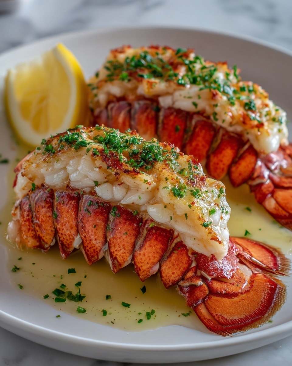 The dish shows two lobster tails on a white plate, each with a bright red shell as the bottom layer, topped by a thick, white lobster meat layer grilled to a light golden brown with some green herbs sprinkled on top. The plate also has a yellow lemon wedge on the side and a shiny, oily sauce with small green herbs spread around the lobster tails. The background has a white marbled texture partially covered by a wooden table surface. photo taken with an iphone --ar 4:5 --v 7