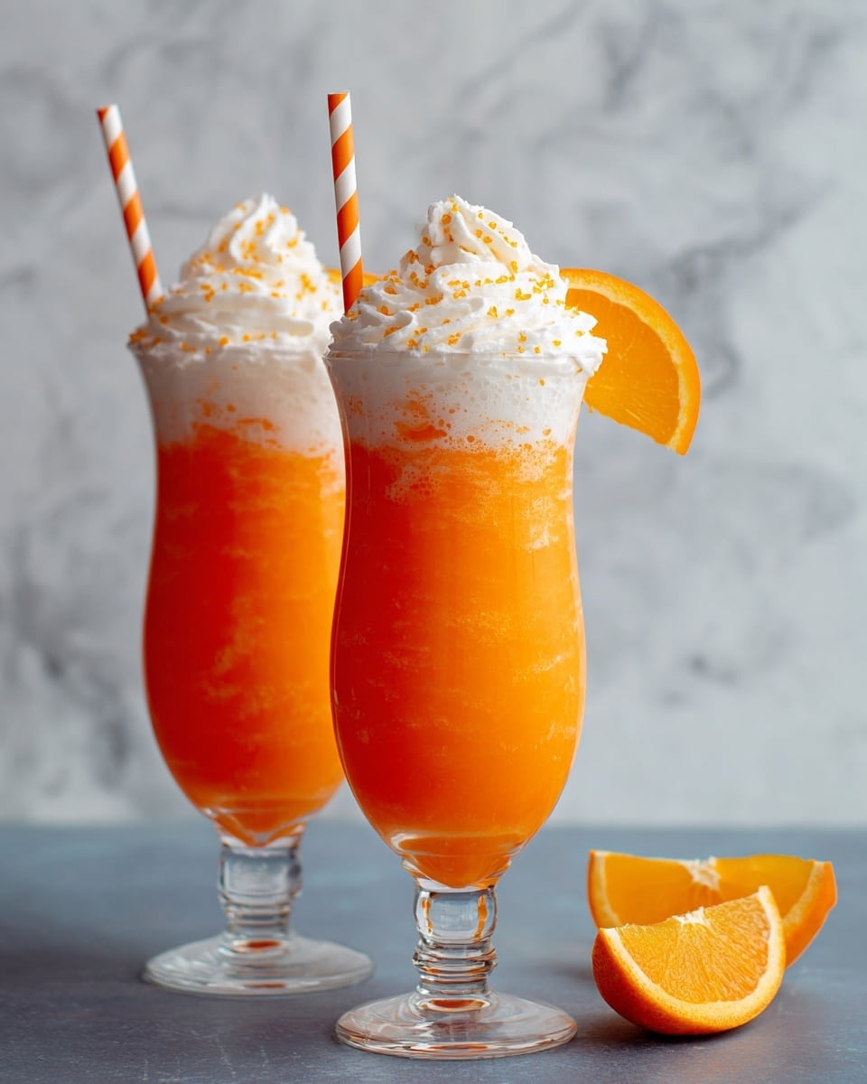 Two tall clear glasses filled with bright orange liquid make up the drink. Each glass has a thin slice of orange inside near the bottom. On top of the orange drink, there is a tall, fluffy white whipped cream layer with small orange sugar sprinkles scattered over it. An orange and white striped paper straw is placed upright in each glass, piercing through the whipped cream. The glasses have a long stem and a wide base, standing on a dark surface with a soft white marbled texture in the background. Photo taken with an iphone --ar 4:5 --v 7