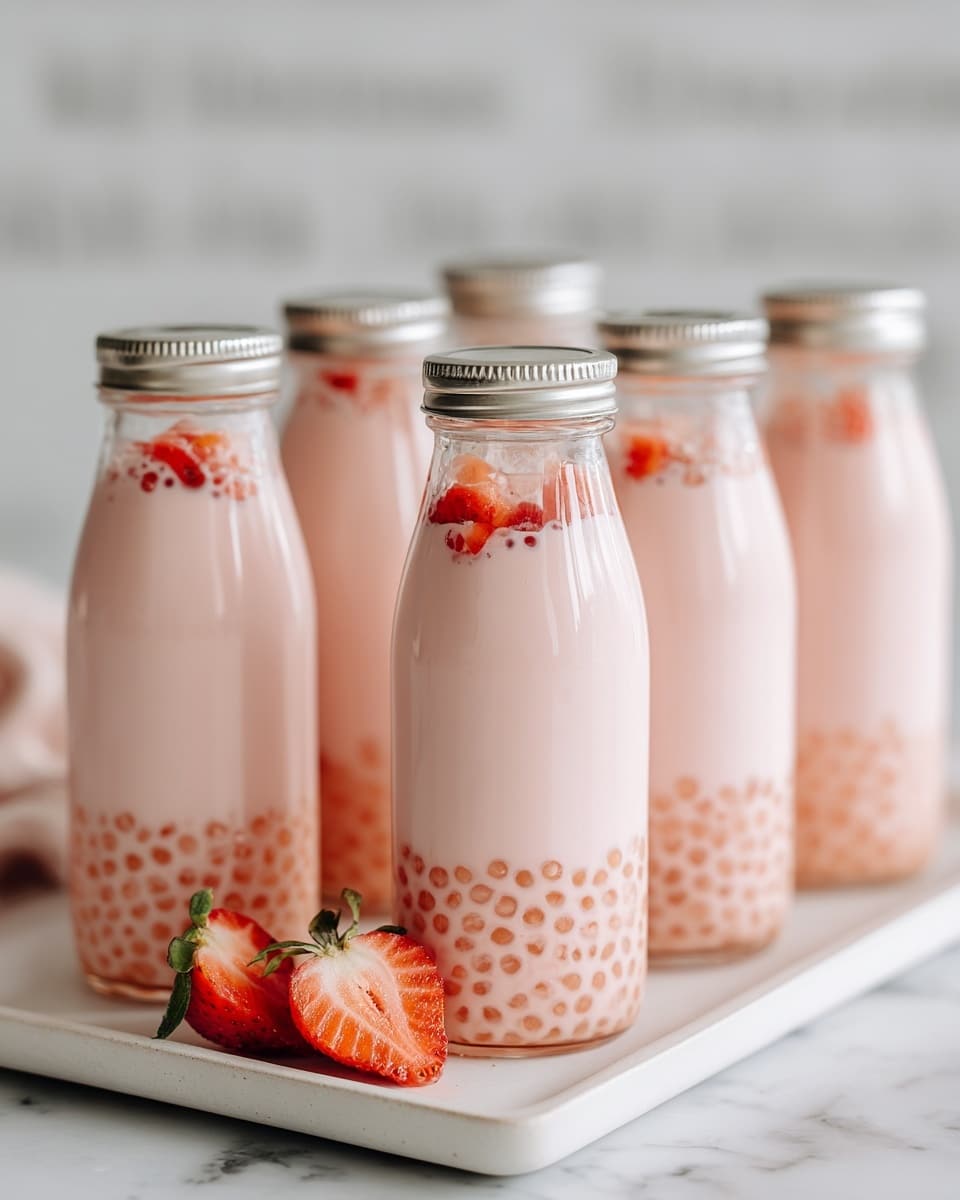 Five clear glass bottles with silver lids are filled with a pink creamy drink that has small red pieces floating inside. At the bottom of each bottle, there are tiny pink tapioca pearls creating a dotted layer. The bottles are placed close together on a white rectangular plate set on a white marbled surface. The light reflects softly on the glass bottles, highlighting their smooth texture. In the background, blurred black text is visible on a white surface. Photo taken with an iphone --ar 4:5 --v 7