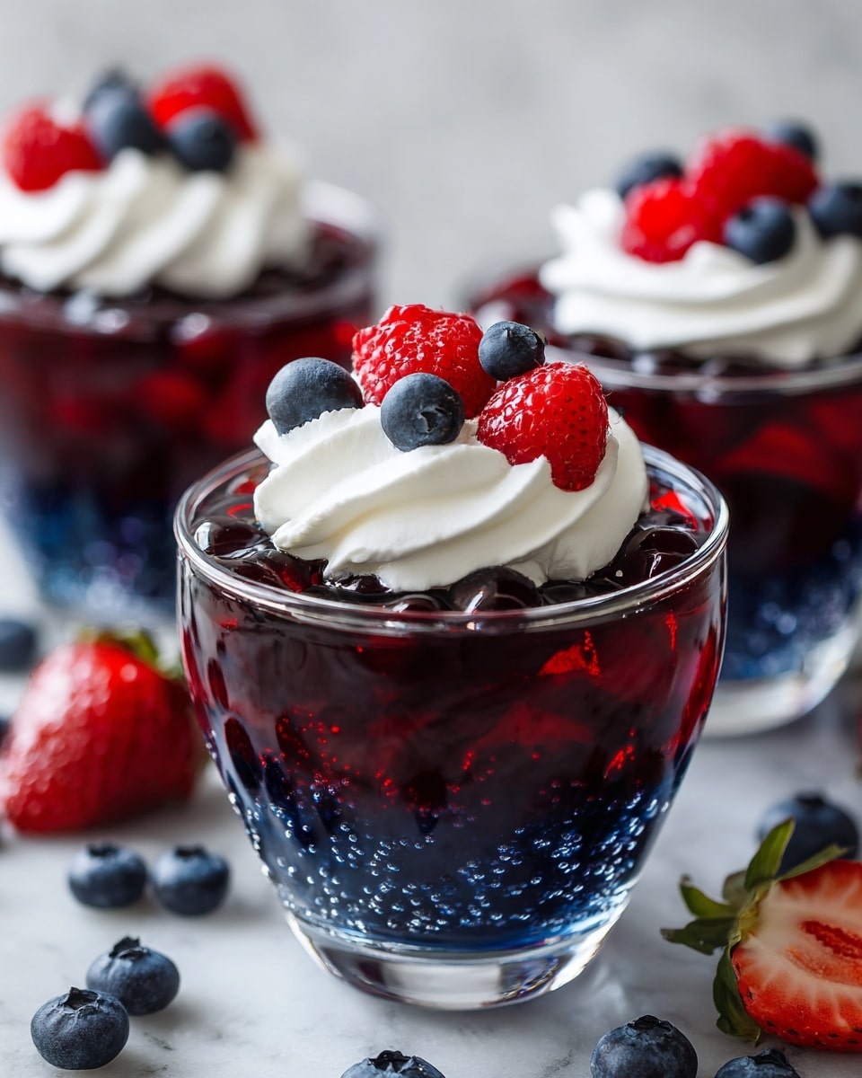 The dessert is served in a clear glass cup with four visible layers. The bottom layer is made of fresh, dark blue blueberries that look round and juicy. On top of that is a thick, shiny layer of red jelly, which is smooth and slightly translucent. Above the jelly is a bright blue creamy layer, soft and slightly swirled in texture. The next layer is white whipped cream, fluffy and piped with a soft swirl pattern. The top is decorated with a mix of fresh red raspberries, strawberries cut in half, and a few blueberries, all fresh and vibrant in color. The setting is a white marbled texture which adds cleanliness and brightness to the image. photo taken with an iphone --ar 4:5 --v 7