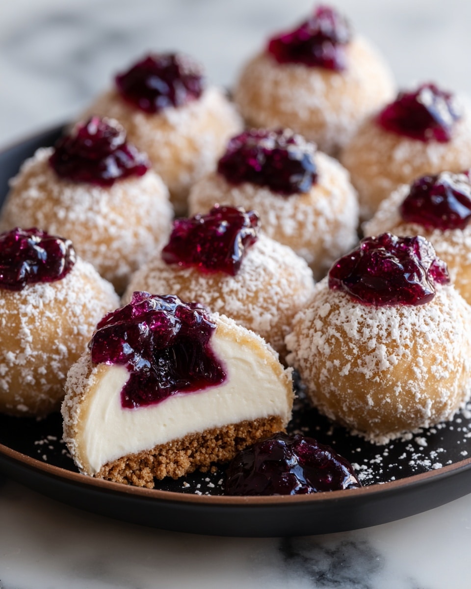 A close-up view of several round cream-filled pastries arranged on a tray with a white marbled texture background. Each pastry has a golden brown, slightly shiny smooth top, dusted lightly with powdered sugar. The front pastry is cut open to reveal three layers: a thin brown crispy bottom crust, a thick creamy white middle filling, and a glossy deep red berry topping that looks juicy. Some bits of the bright red topping and powdered sugar are scattered around the pastries. photo taken with an iphone --ar 4:5 --v 7