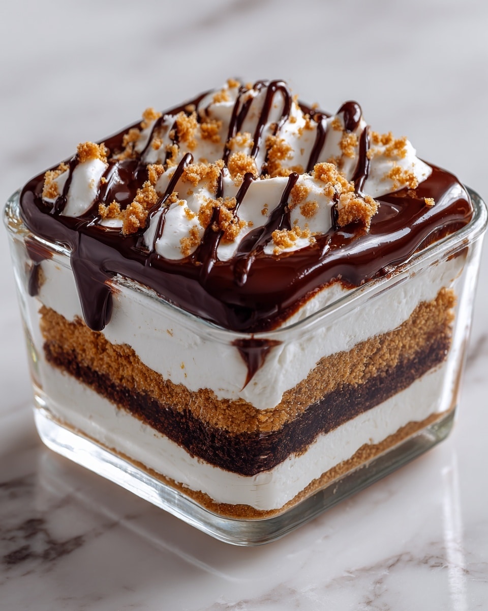 A glass square dish holds a layered dessert with four visible layers. The bottom layer is a dark chocolate base, rich and glossy. Above it, there is a crumbly light brown layer, which appears to be graham cracker crumbs. The third layer is thick and creamy white, smooth and even. On top of this is another crumbly light brown layer partially covered by a thick, shiny dark chocolate layer that drips slightly down the sides. The top is decorated with small chunks of peanut butter candy and drizzles of dark chocolate in a zigzag pattern. The dish rests on a white marbled surface. photo taken with an iphone --ar 4:5 --v 7