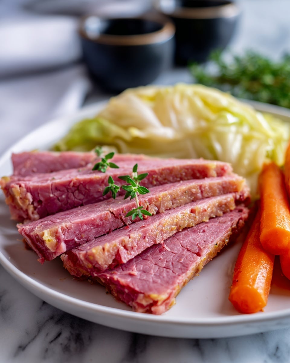 The image shows a plate with three layers of thick, tender corned beef in the center, its pinkish-red color and visible grain texture making it look juicy and soft. To the right side of the meat are two bright orange cooked carrots, smooth and shiny with a slight gloss. Behind the meat and carrots is a light yellow layer of cooked cabbage, slightly translucent and soft with some green herbs sprinkled on top for garnish. The dish is served on a white plate resting on a white marbled surface. photo taken with an iphone --ar 4:5 --v 7
