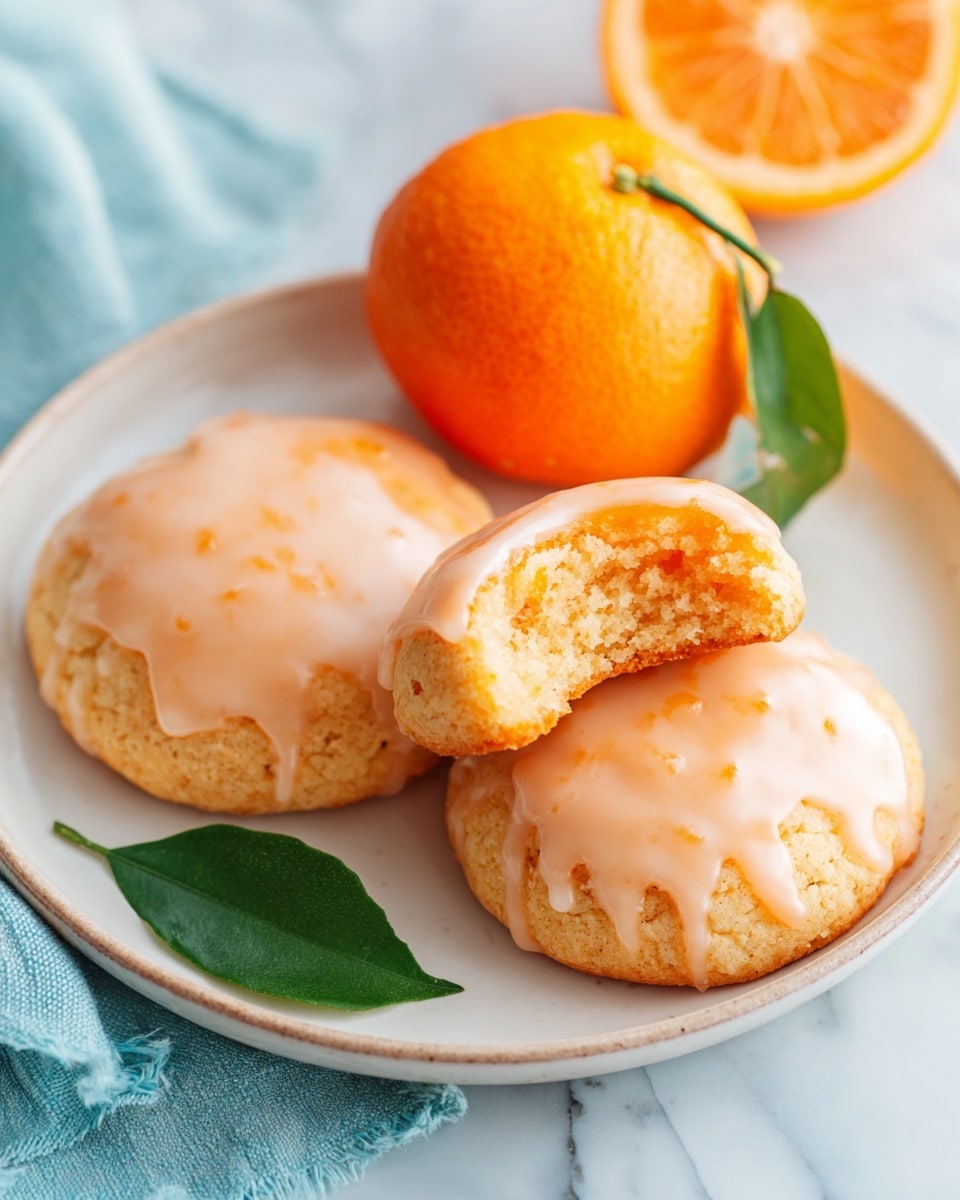 Three cookies sit on a white plate, two whole and one with a bite taken out, showing a soft, orange inside. Each cookie has a pale orange glaze that looks smooth and shiny, covering the top layer. On the side, there is a bright orange fruit with a green leaf resting on the plate. The plate sits on a white marbled surface with a soft blue cloth partially visible. The overall look is fresh and inviting, with warm orange and white tones. photo taken with an iphone --ar 4:5 --v 7