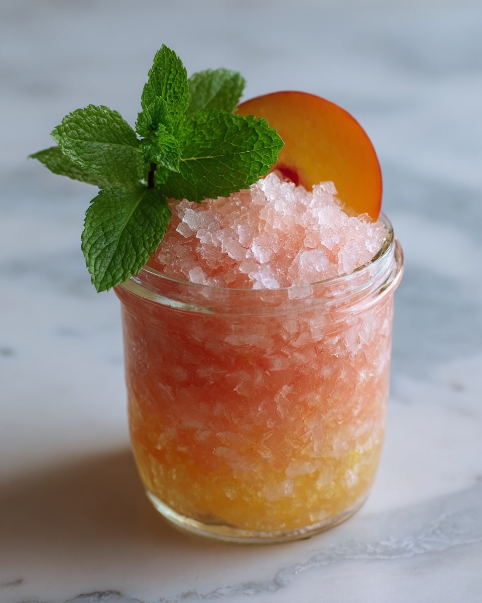 The image shows a clear glass jar filled with crushed ice and a light pink-orange drink inside. A thick slice of peach is visible inside the drink near the bottom, with the skin side showing a deep reddish color and the flesh a soft orange. On top, bright green fresh mint leaves sit as garnish. The jar is placed on a white marbled surface, and the colors of the peach and mint contrast nicely with the pale drink. Photo taken with an iphone --ar 4:5 --v 7