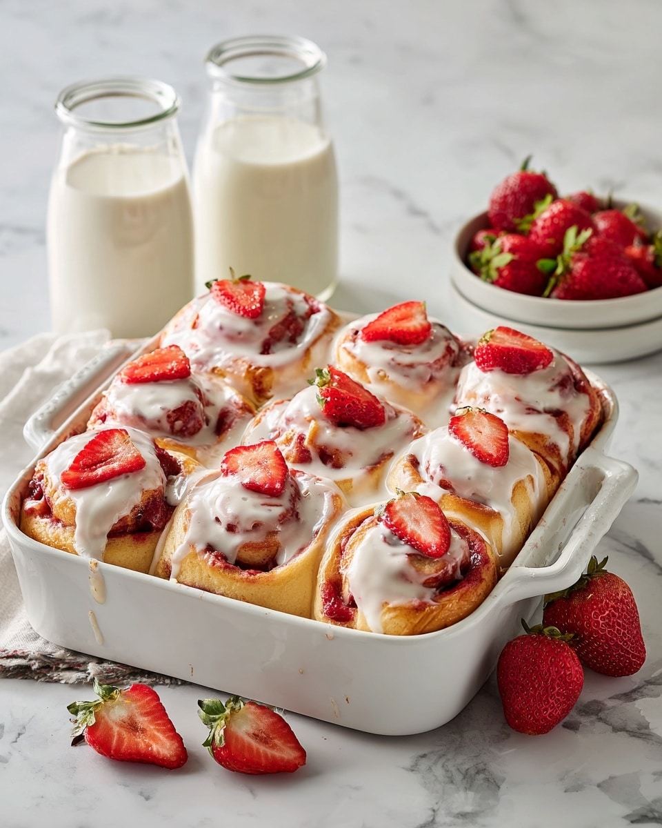 The image shows nine soft, swirled cinnamon rolls arranged closely in a white square baking dish. Each roll has multiple layers of golden brown dough with a red strawberry filling that peeks through the spirals. A creamy white frosting generously coats the tops, dripping slightly down the sides and filling the gaps between rolls. Fresh halved strawberries with bright red color and green leaves sit scattered on top of the rolls for decoration. The dish rests on a white marbled surface, while in the background, a small white bowl holds extra halved strawberries and two glass bottles of milk, creating a fresh, inviting setting. Photo taken with an iphone --ar 4:5 --v 7
