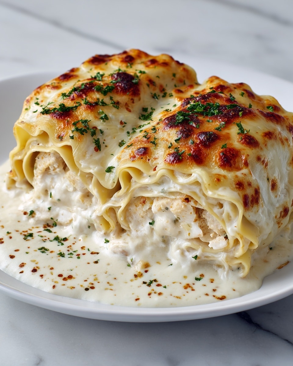 Two rolled lasagnas with a golden melted cheese layer on top sprinkled with green herbs sit on a white plate. Below the cheese is a creamy white sauce with a light sprinkling of herbs and browned spots. Inside the roll, you can see a thick, light beige filling that looks creamy and textured. The edges of the lasagna pasta are wavy and light yellow, adding a soft contrast to the rich sauce and topping. The plate rests on a white marbled surface. photo taken with an iphone --ar 4:5 --v 7