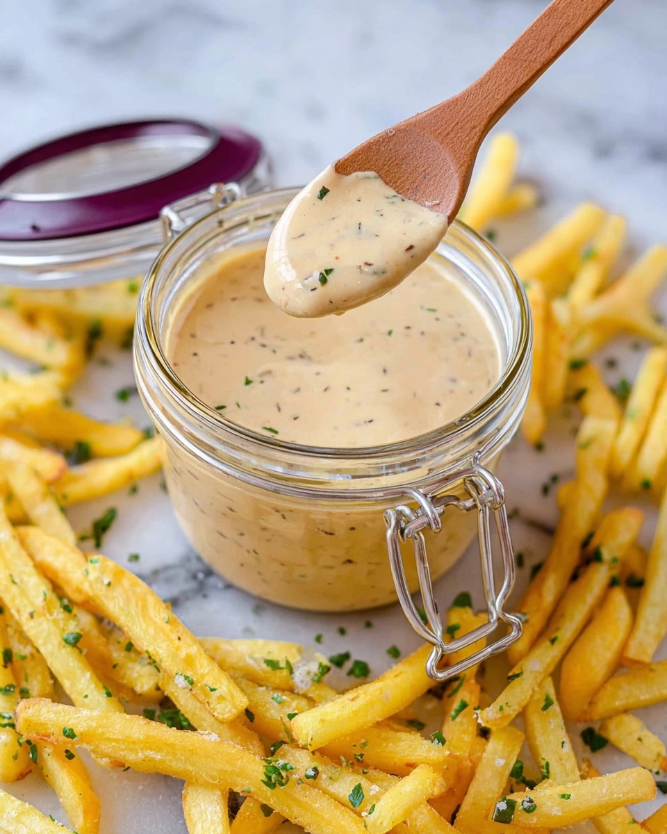 A small glass jar filled with a creamy, light beige sauce speckled with tiny green herbs and black pepper is centered in the image. A wooden spoon lifts some sauce from the jar, showing its smooth and thick texture. Around the jar, there are many golden yellow French fries scattered over a white marbled surface. Some fries have small green herb bits on them. The jar’s metal clasp is open, and its lid with a purple rubber seal lies behind it. photo taken with an iphone --ar 4:5 --v 7
