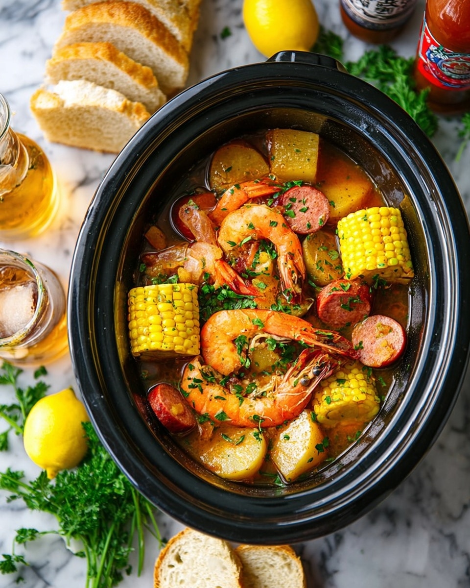 A black slow cooker filled with a seafood boil layered with several pieces of orange shrimp, yellow corn on the cob cut into chunks, reddish-brown sausage slices, and small potatoes, all immersed in a spicy orange broth sprinkled with chopped green herbs, all resting on a white marbled surface with fresh parsley on the top left and beverages, sliced bread, lemon wedges, and a bottle of sauce surrounding it. photo taken with an iphone --ar 4:5 --v 7