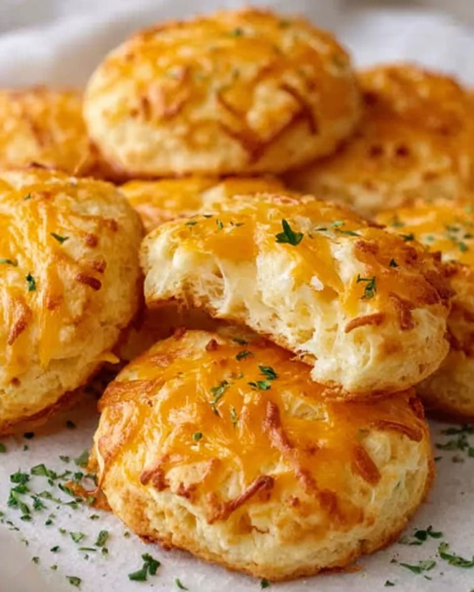 The image shows golden brown cheese biscuits with melted shredded cheese on top, each biscuit having a round shape and a slightly crispy texture. The biscuits are soft and light inside, with a rough and flaky outer layer. One biscuit is broken open, revealing a soft, fluffy inside with the cheese slightly melted into the dough. The biscuits are placed on a white surface with small green herb sprinkles around them, adding a touch of color. photo taken with an iphone --ar 4:5 --v 7