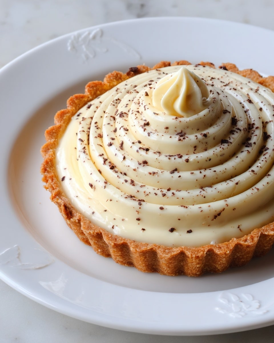 A single tart displayed on a white plate with subtle decorative edges, placed on a white marbled surface. The tart has a thick, golden-brown crust with a scalloped edge. Inside, there are three smooth, evenly spaced layers of cream, each a pale cream color with a glossy texture. The cream is piped in a circular pattern from the outer edge to the center, ending with a small, peaked dollop on top. The tart is sprinkled lightly with small, dark specks of chocolate or spice that contrast with the pale cream. Photo taken with an iphone --ar 4:5 --v 7