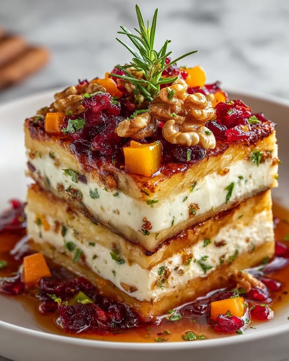 A three-layered square stack of food sits on a white round plate over a white marbled texture. The bottom and top layers are golden brown with a slightly crispy surface, while the middle layer is creamy white with a smooth texture, speckled with small herbs or spices. The top is garnished with small red berries, orange cubes, green chopped herbs, and whole walnut pieces, with a fresh green sprig placed upright at the center. A syrupy sauce with red berries surrounds the stack, pooling gently on the plate. photo taken with an iphone --ar 4:5 --v 7