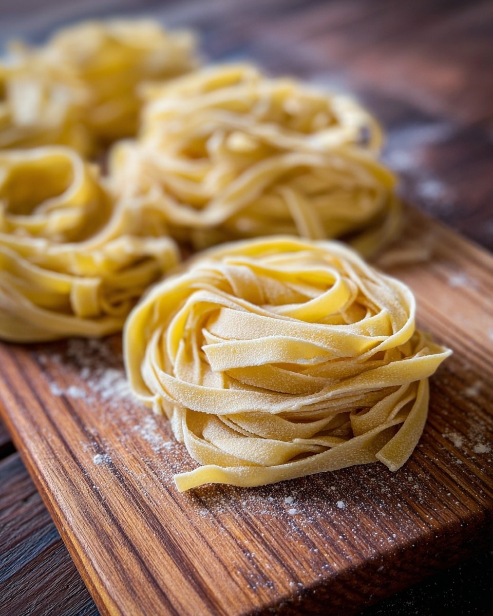 The image shows several nests of fresh, uncooked pasta arranged on a wooden board placed on a white marbled surface. Each pasta nest is made of thin, flat ribbons of dough, pale yellow in color, coiled neatly into round spirals with a slightly powdery texture from flour. The pasta ribbons have a smooth, soft appearance with slight folds and curves, and the focus is on one nest in the front center, while the others are softly blurred in the background. photo taken with an iphone --ar 4:5 --v 7