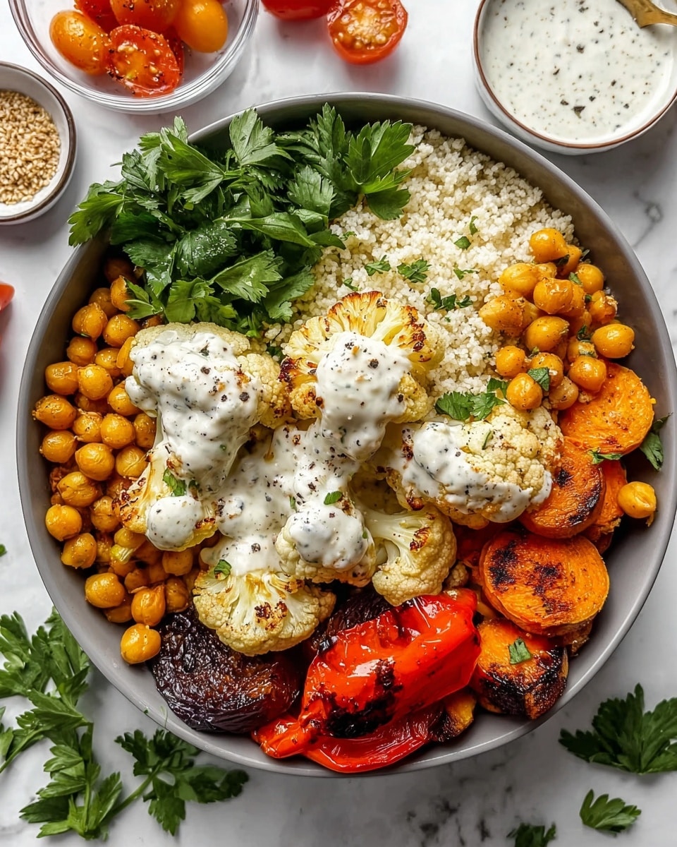 A white bowl filled with layers of food on a white marbled surface: at the bottom right is a layer of fluffy white couscous, next to it are small roasted cauliflower florets with light brown spots, some topped with a creamy white sauce speckled with black pepper and green herbs. Above the cauliflower is a bunch of fresh green parsley leaves, next to golden chickpeas with a slight shine and light seasoning, and to the right are charred roasted red bell peppers and sweet potatoes showing dark grill marks. The bowl is surrounded by sprigs of parsley, sliced cherry tomatoes, and small bowls of grains and sauce. Photo taken with an iphone --ar 4:5 --v 7