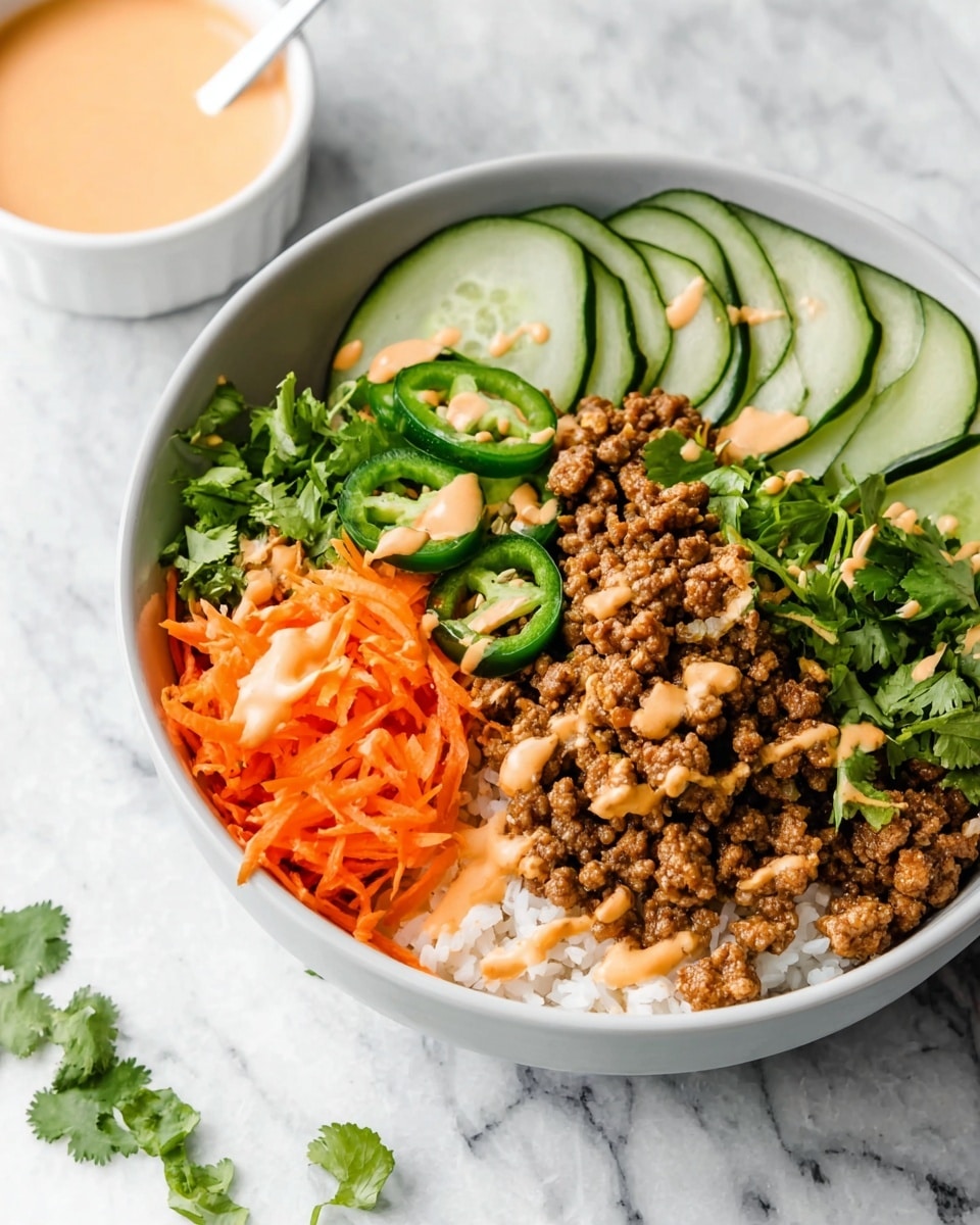 A white bowl is filled with layers starting with a base of white rice, topped with crumbled cooked ground meat that is brown and slightly glossy. On one side, there are several thinly sliced, dark green cucumbers neatly arranged. Next to the cucumbers is a pile of shredded bright orange carrots. Green jalapeño slices and fresh cilantro leaves are placed between the carrots and cucumbers. The whole bowl is drizzled with a light orange creamy sauce. The bowl sits on a white marbled surface with a small white cup of the same sauce nearby. Photo taken with an iphone --ar 4:5 --v 7
