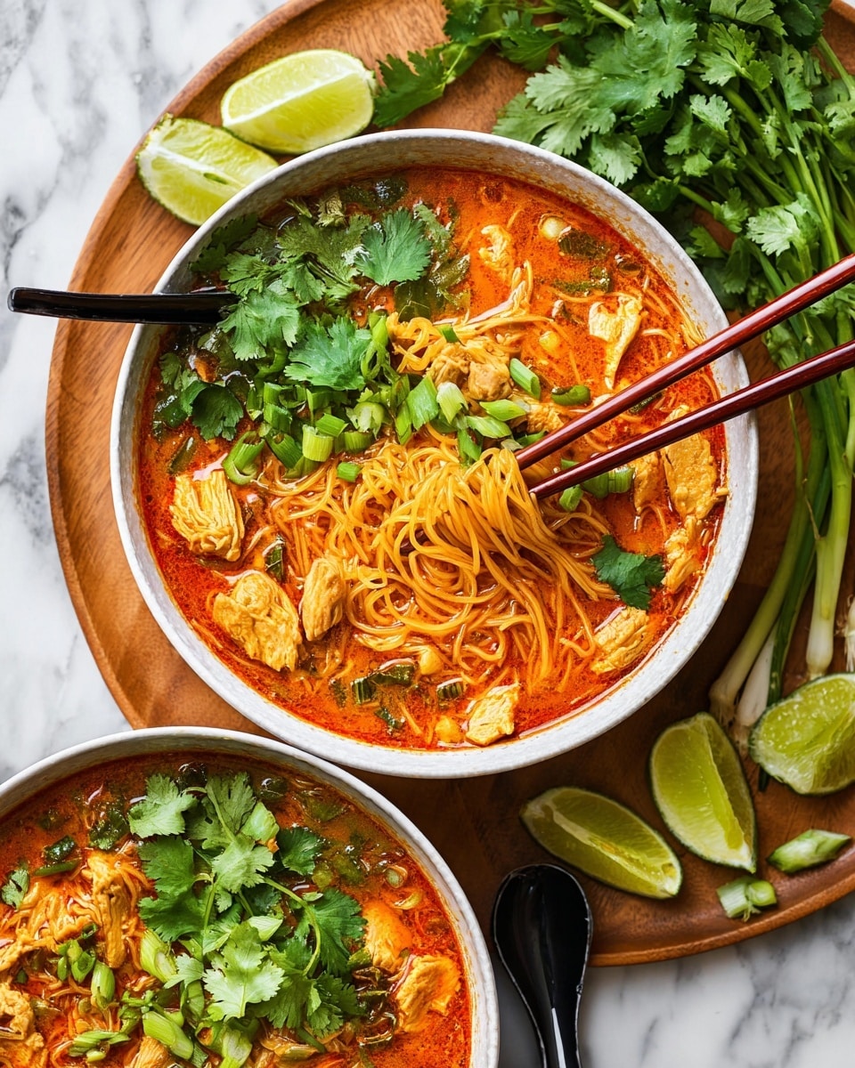 Two white bowls filled with a rich orange-red soup containing light brown chicken pieces and thin yellow noodles. One bowl shows a small pile of noodles being lifted by wooden chopsticks. Both bowls are topped with fresh green cilantro leaves, sliced green onions, and lime wedges placed inside the soup. The bowls rest on a wooden board on a white marbled surface, surrounded by additional green onions, lime wedges, and fresh cilantro sprigs. Photo taken with an iphone --ar 4:5 --v 7