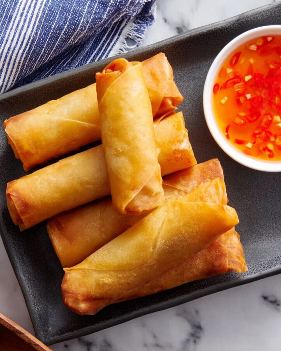 A dark gray rectangular tray holds six golden brown spring rolls arranged in two layered rows, with some overlapping. On the top right corner of the tray, there is a small white bowl filled with bright orange sweet chili sauce that has visible red chili pieces. The background is a white marbled texture with a blue and white striped cloth partially visible at the top. The spring rolls have a crispy, smooth texture with slight oil shine. Photo taken with an iphone --ar 4:5 --v 7