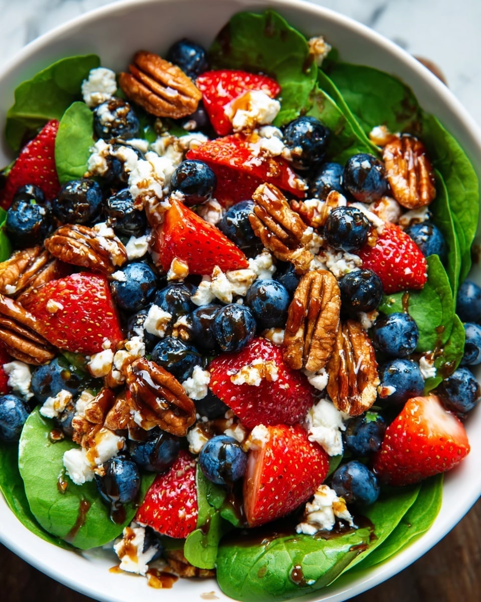 A fresh salad served in a white bowl shows three main layers: the bottom layer has bright green spinach leaves with a smooth texture spread evenly; the middle layer consists of whole blueberries in deep blue and halved strawberries in bright red with seeds visible, scattered all over; the top layer includes pecan halves in rich brown, golden candied nuts, and small white crumbles of cheese, all drizzled with a shiny, dark syrup. The bowl is placed on a white marbled textured surface. photo taken with an iphone --ar 4:5 --v 7