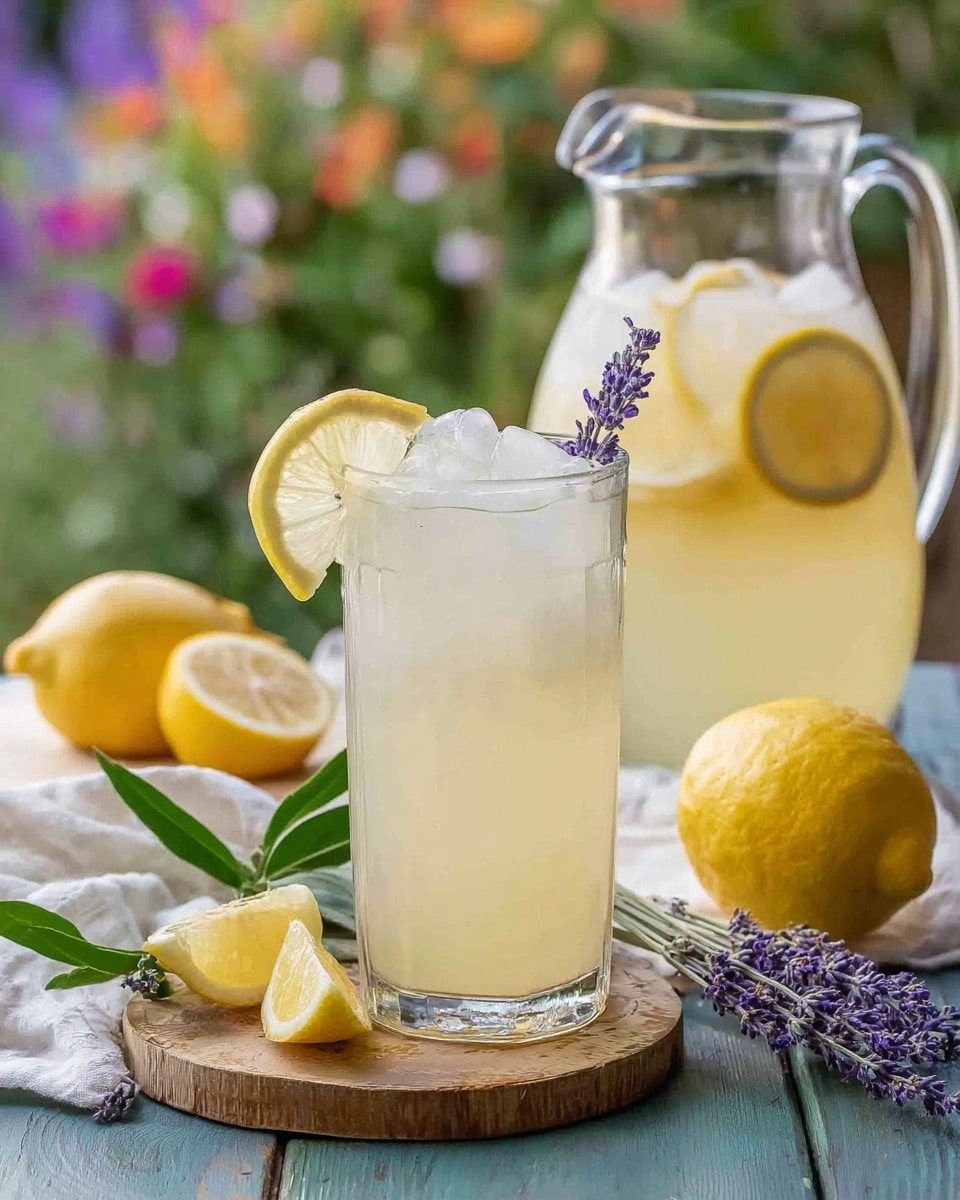 A tall clear glass filled with pale yellow lemonade and several ice cubes sits on a small round wooden board over a white cloth, garnished with a thin lemon slice on the rim and a small sprig of purple lavender inside. Next to the glass are two small lemon wedges. Behind the glass, there is a clear pitcher filled with more lemonade and ice cubes, decorated with two lemon slices floating inside. To the right of the pitcher, a whole lemon and a half lemon rest on a white marbled textured surface. Fresh green leaves and purple lavender sprigs lie near the glass, with a blurred garden background of green and colorful flowers. photo taken with an iphone --ar 4:5 --v 7