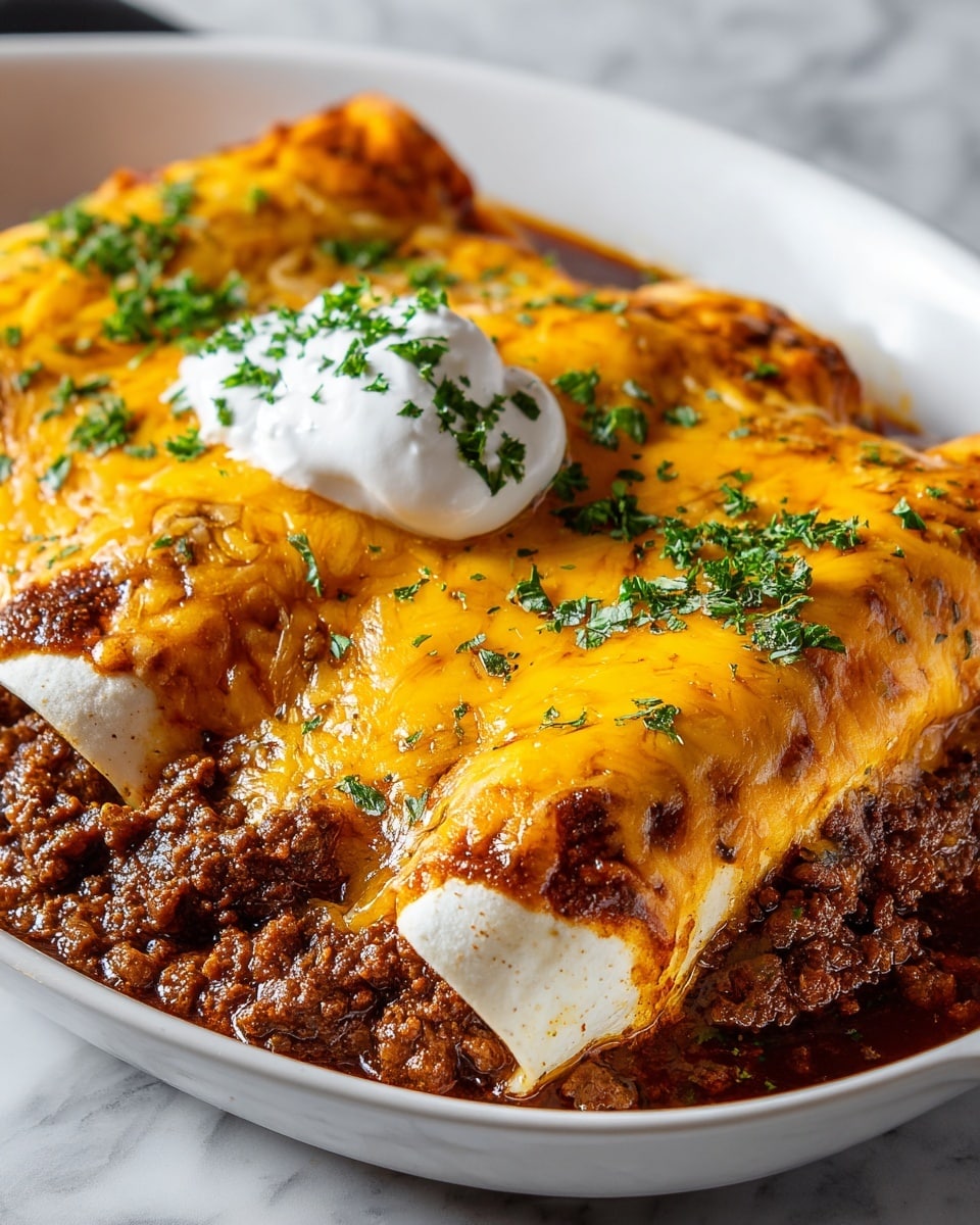 The image shows a white dish filled with two enchiladas side by side. Each enchilada has a base layer of soft, white tortilla, fully covered with a rich, dark brown ground beef filling that looks moist and thick. On top, there is a generous layer of melted bright orange cheddar cheese with some browned spots, giving a slightly crispy texture. Small green parsley pieces are sprinkled evenly over the cheese for color. A dollop of white sour cream sits on top of one enchilada, adding contrast. The dish rests on a clean white marbled surface. photo taken with an iphone --ar 4:5 --v 7