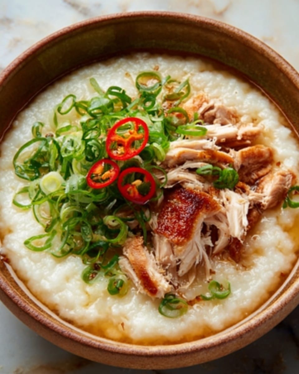 The dish shows a bowl of thick, creamy white porridge as the base layer, filling most of the bowl. On top, there is tender, shredded chicken with golden-brown crispy skin placed slightly to one side. Over the chicken and porridge, there is a bright green pile of thinly sliced green onions. A few thin slices of red chili pepper are arranged on the green onions, adding a pop of color. The bowl is a simple round ceramic bowl with a soft brown outside, set on a white marbled surface. Photo taken with an iphone --ar 4:5 --v 7
