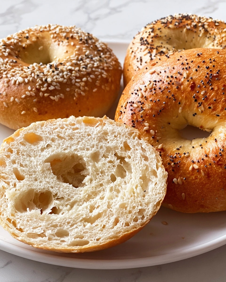 A close-up view of a bagel cut in half showing its soft, airy inside with small holes and a light beige color, placed on a white marbled surface. Nearby, three whole bagels with a golden brown crust topped with white sesame seeds and black poppy seeds rest side by side, giving a clear look at their round shape and texture, some shine visible on the crust. The focus is on the cut bagel half, giving a detailed look at the fluffy interior and the crunchy outside, with a soft shadow under the bagels on the white marbled surface. photo taken with an iphone --ar 4:5 --v 7