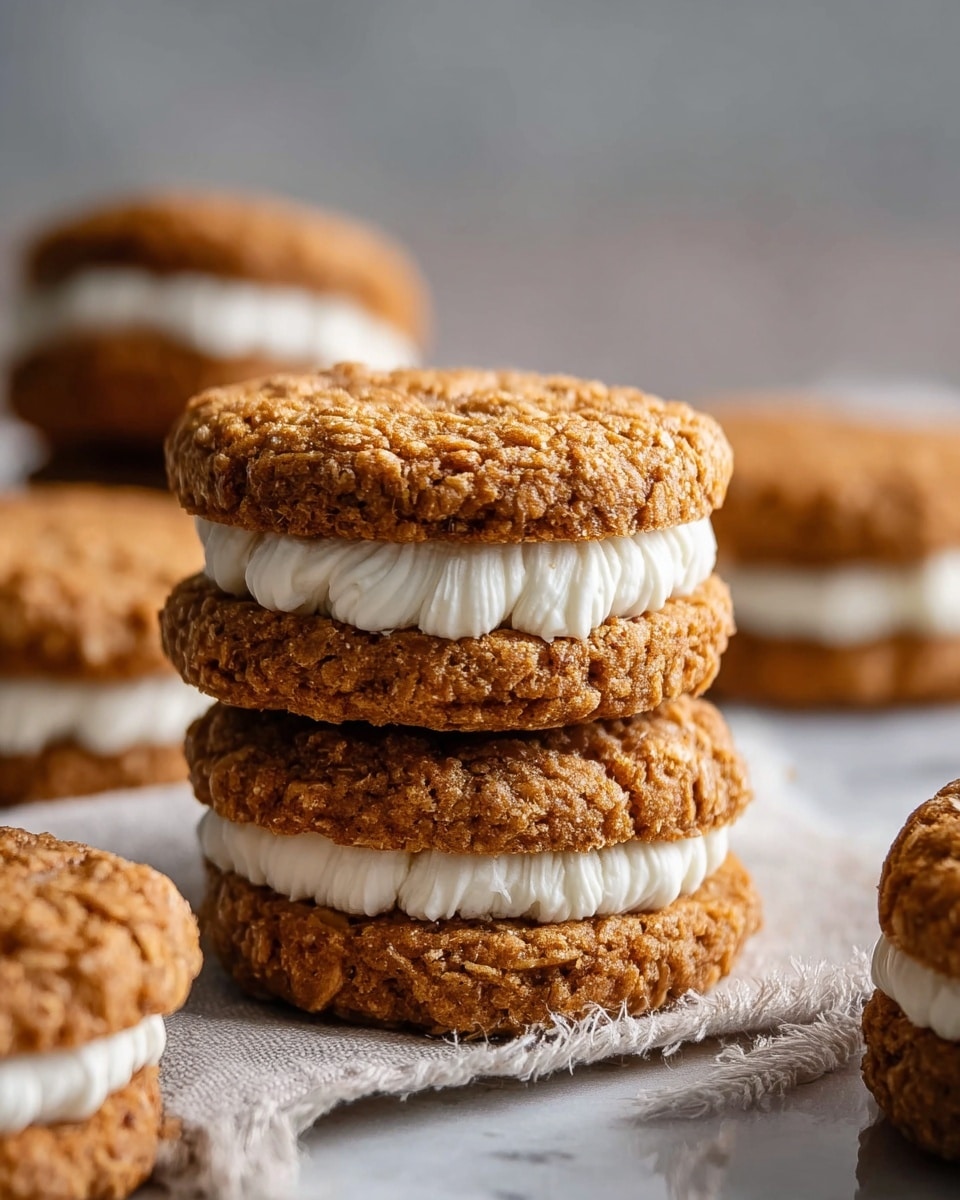 The image shows two stacks of sandwich cookies with two thick layers, each consisting of a top and bottom golden-brown, rough-textured oatmeal cookie and a middle layer of smooth, white cream filling. The cookies have a slightly crumbly surface with visible oats, and the white cream layer is thick and evenly spread. In the background, there are more sandwich cookies blurred softly, all resting on a light-colored cloth and a surface with a white marbled texture. Photo taken with an iphone --ar 4:5 --v 7