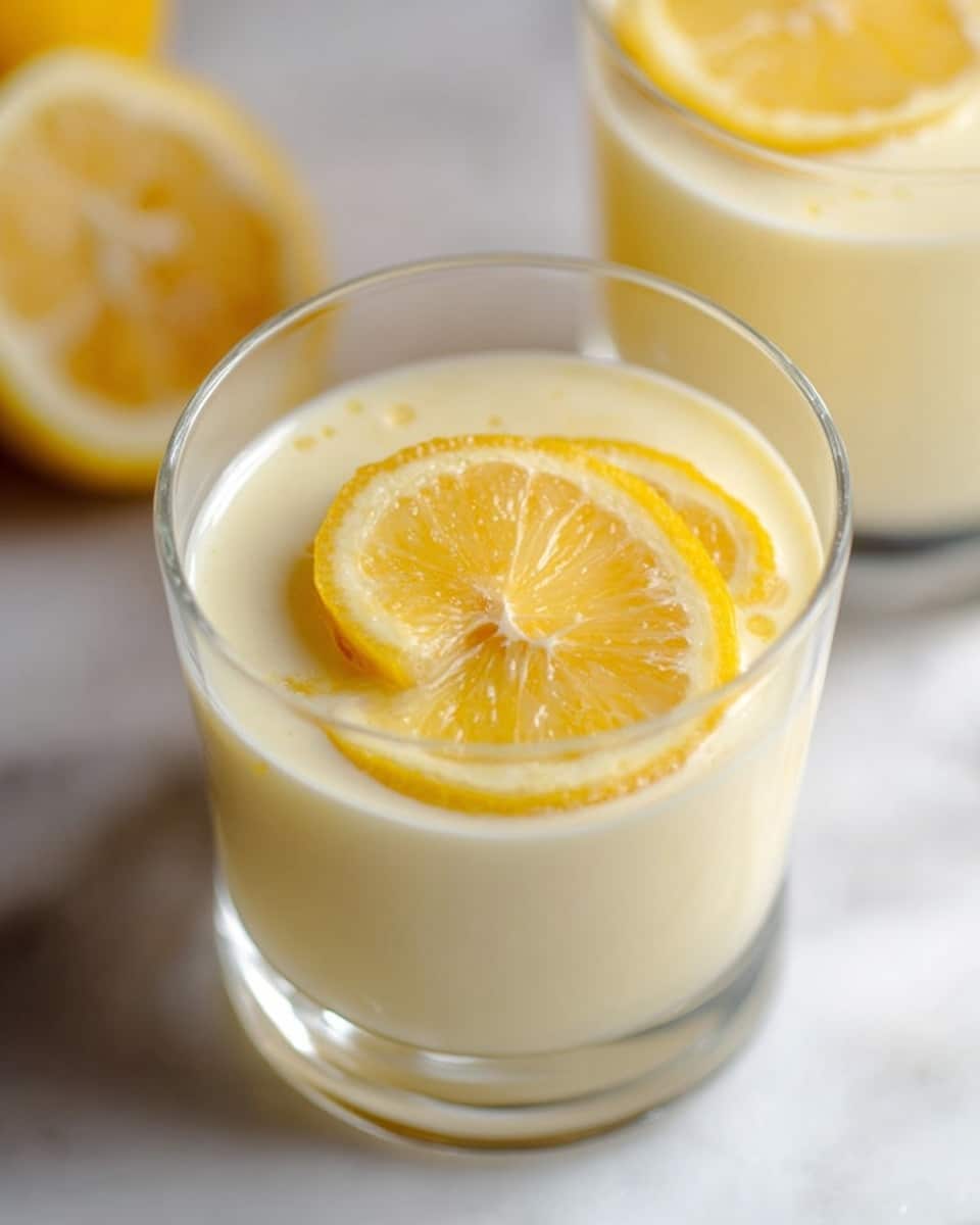 A clear glass filled with a smooth pale yellow creamy liquid, topped with two thin overlapping slices of bright yellow lemon placed flat on the surface, showing the lemon pulp and rind texture clearly; the glass sits on a white marbled surface with another similar glass blurred in the background, giving a fresh and light feeling. photo taken with an iphone --ar 4:5 --v 7