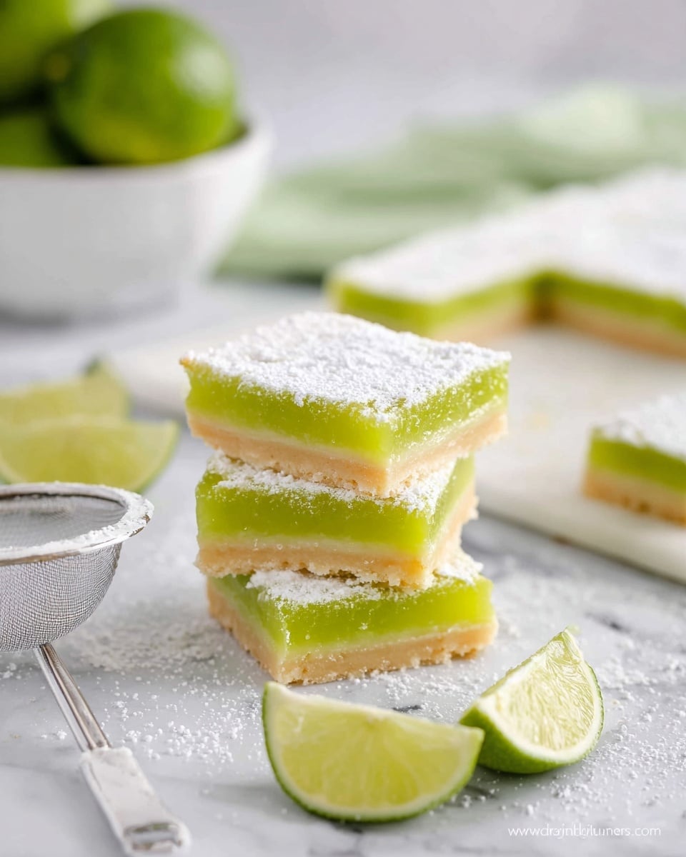 The image shows a stack of three lime bars on a white marbled surface, each bar having three layers: a light golden crust base, a bright green lime filling in the middle, and a dusting of powdered sugar on top, giving a slightly rough texture. The stack is placed near several other lime bars lying flat on the surface in the background. In the foreground, there are two lime wedges with their light green, juicy interiors visible. An off-white-handled strainer with powdered sugar rests on the surface near the stack, and a soft green cloth and a white bowl filled with whole limes are blurred in the background. Photo taken with an iphone --ar 4:5 --v 7