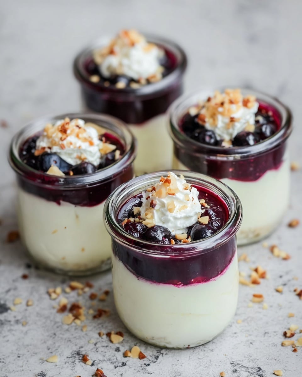 Four small clear glass jars filled with a dessert that has three visible layers: a thick creamy white base layer, topped with a glossy dark purple berry sauce, and finished with a dollop of white whipped cream sprinkled with small light brown nut pieces and whole blueberries. The jars are arranged close together on a white marbled surface, with some scattered nut pieces around them. photo taken with an iphone --ar 4:5 --v 7