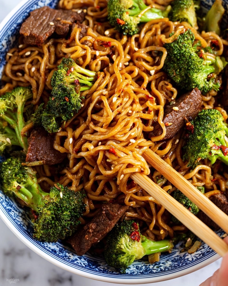 The image shows a close-up of a dish with three main layers. The bottom layer is a white bowl with blue patterns partially visible around the edges. The middle layer includes dark brown slices of cooked beef, bright green broccoli florets, and some small sesame seeds sprinkled on top. The top layer is a tangle of glossy, light brown stir-fried noodles mixed with small chili flakes, giving texture and color contrast. A woman's hand holding light wooden chopsticks is picking up a portion of the noodles from the dish. The background is a white marbled surface. photo taken with an iphone --ar 4:5 --v 7