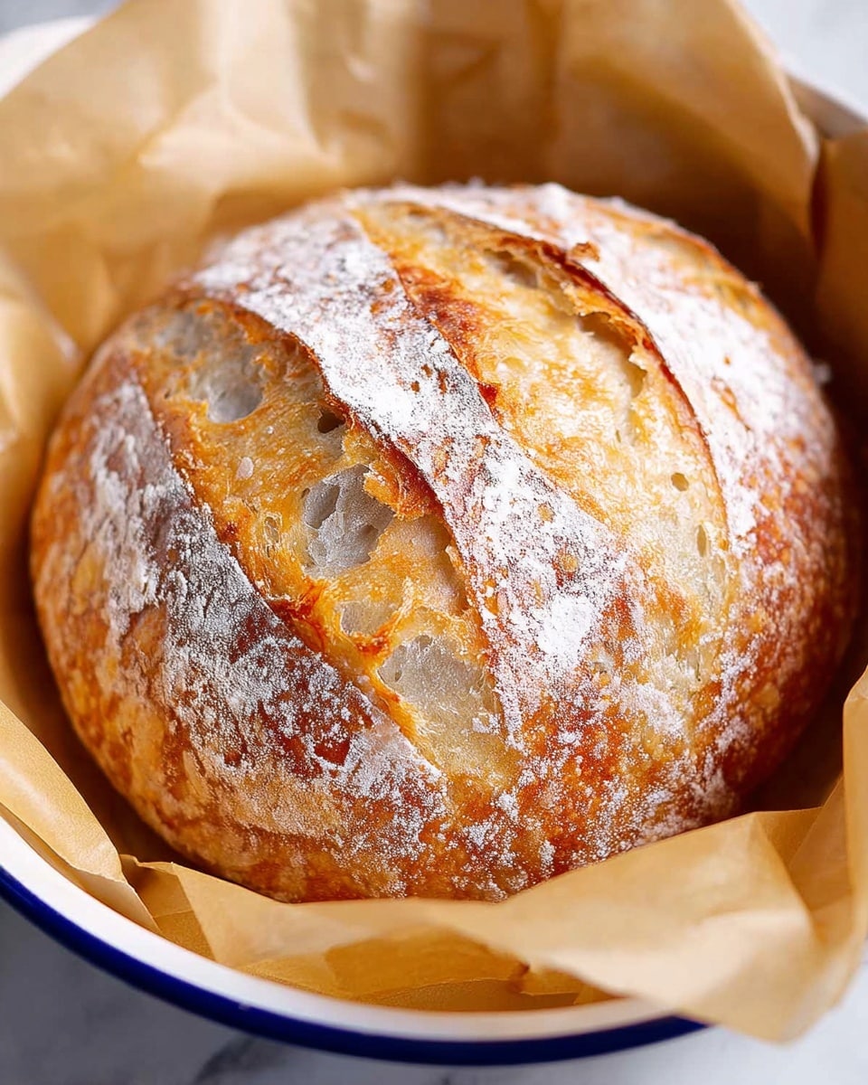 A round loaf of bread with a golden brown crust and a dusting of white flour on top, showing four deep slashes that reveal the soft, airy, light beige interior with small holes. The bread sits wrapped in parchment paper inside a white bowl with a blue rim, all placed on a white marbled surface. The crust has a slightly shiny texture, with a mix of crisp and fluffy areas. Photo taken with an iphone --ar 4:5 --v 7