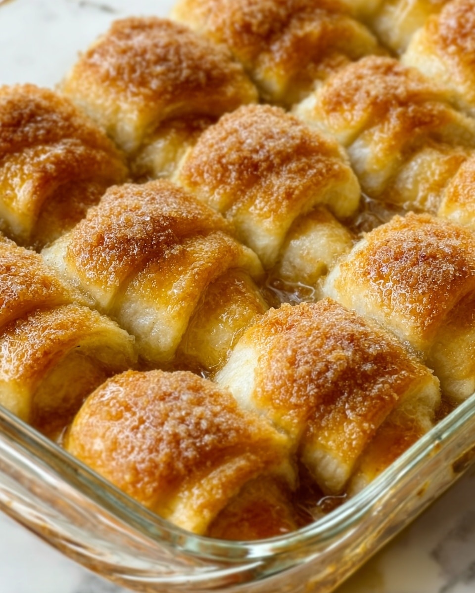 The image shows a glass baking dish filled with golden-brown crescent rolls. Each roll has a shiny, crispy crust with a light sprinkle of cinnamon or sugar on top. The crescent rolls are closely packed in three rows, with six rolls visible in total. The texture looks flaky and soft inside, with some buttery glaze visible around the edges. The dish is placed on a white marbled surface. Photo taken with an iphone --ar 4:5 --v 7